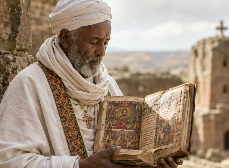 Sacerdote etíope leyendo un manuscrito antiguo